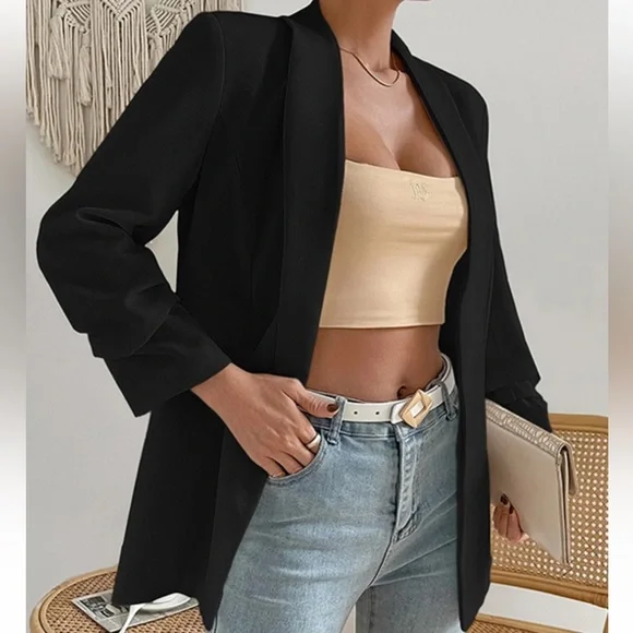 Black Chic Fully Lined Open Blazer Jacket - Picture 2 of 3